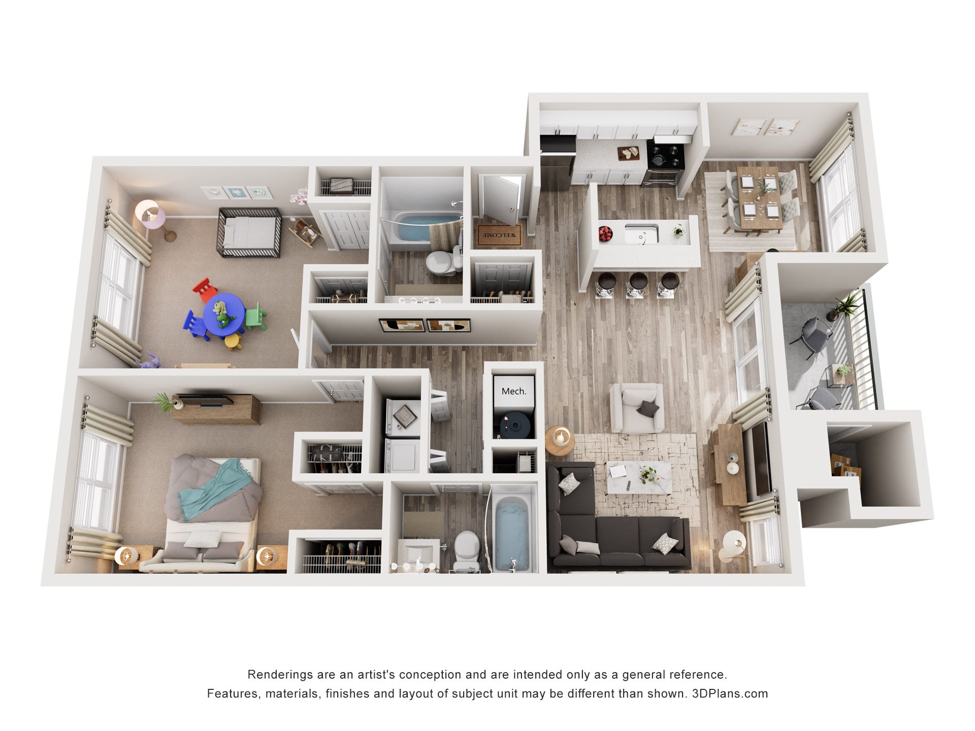 Floor plan for 2 beds, 2 baths, 1000 sqft